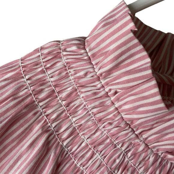 J Crew New! Striped Poplin Smocked Balloon 3/4 Sleeve Key Hole Top High Neck - Picture 7 of 16